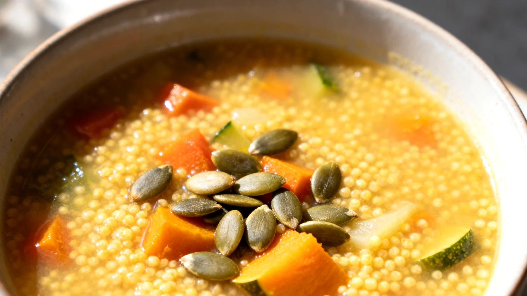 Zuppa di miglio con verdure di stagione e semi di zucca"