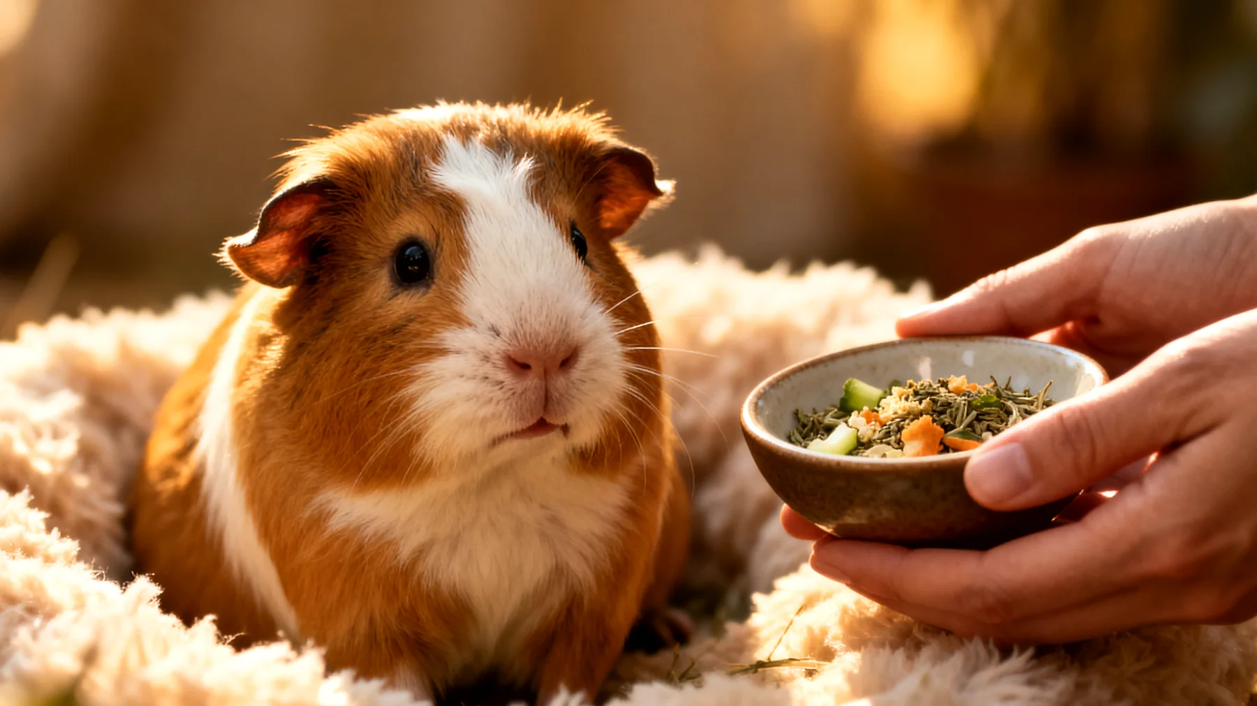 Junges Meerschweinchen leidet unter leichten Verdauungsbeschwerden oder Durchfall, und der Halter sucht nach natürlichen Hausmitteln zur sanften Unterstützung der empfindlichen Verdauung"